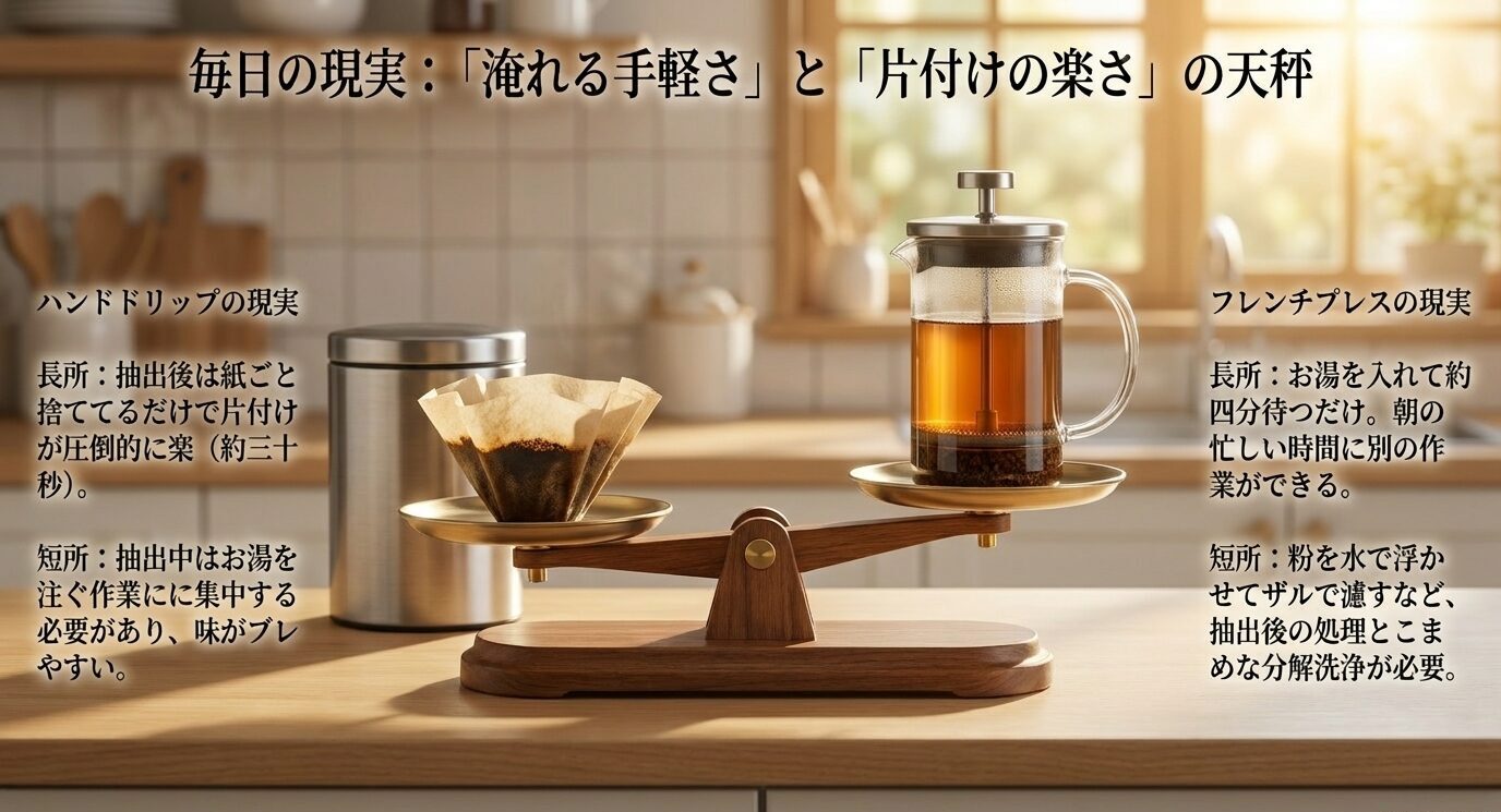 ハンドドリップとフレンチプレスの毎日の使いやすさを、抽出の手軽さと片付けの楽さで比較したスライド