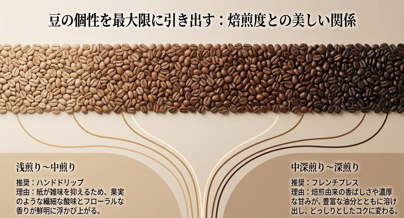 浅煎りから深煎りまでの豆の焙煎度に応じて、ハンドドリップとフレンチプレスの相性を示したスライド