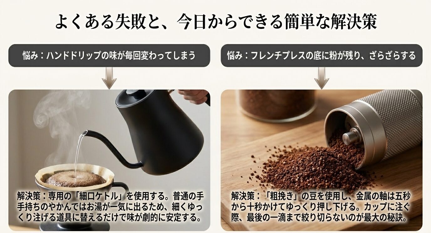 ハンドドリップの味ブレには細口ケトル、フレンチプレスの粉っぽさには粗挽きとゆっくりした抽出が有効であることを示したスライド