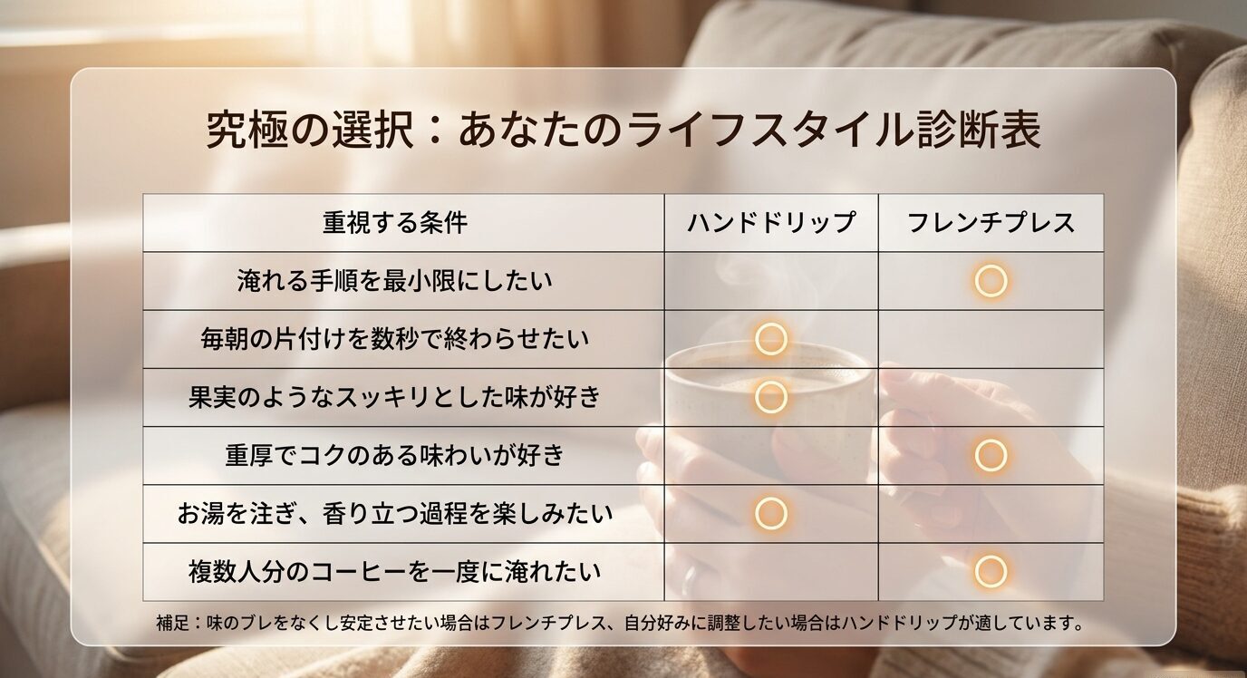 手順の簡単さ、片付けの楽さ、味の好みなどからハンドドリップとフレンチプレスのどちらが向いているかを示した診断表