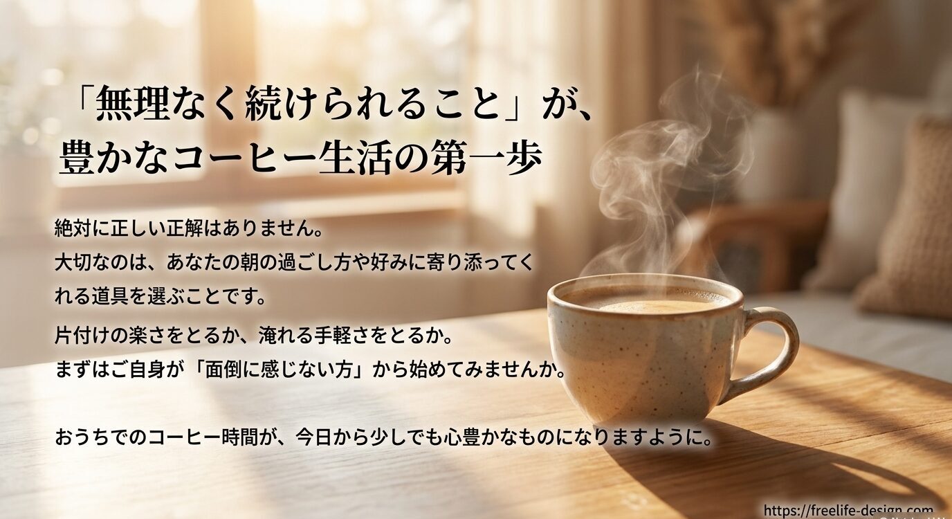 自分の朝の過ごし方や好みに合う器具を選ぶことが大切だと伝える、温かいコーヒーカップのスライド