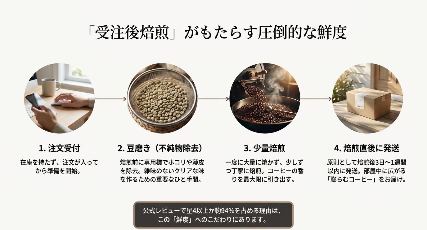 ラボカフェが注文後に豆磨き、少量焙煎、焙煎直後の発送を行う流れを示した図