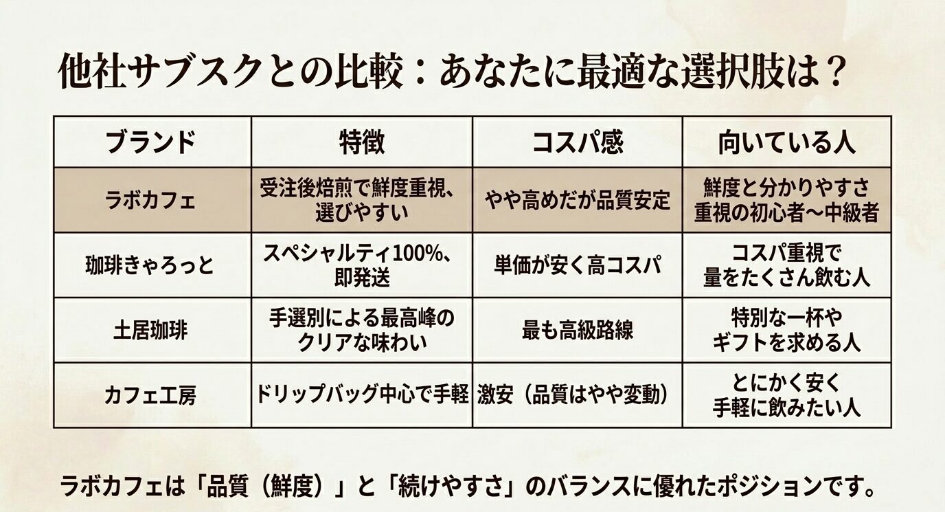 ラボカフェと珈琲きゃろっと、土居珈琲、カフェ工房の特徴、コスパ感、向いている人を比較した表