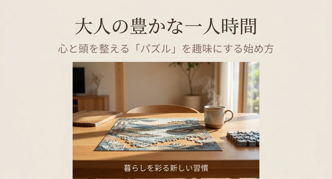 木のテーブルでジグソーパズルを楽しむ様子と、大人の一人時間にパズルを趣味にする始め方を示したスライド