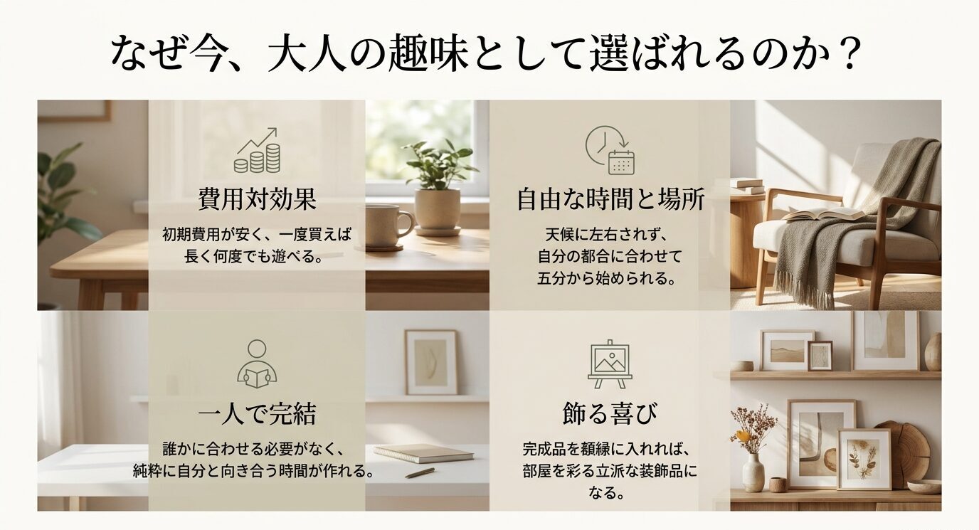 パズルが大人の趣味として選ばれる理由を、費用対効果、自由な時間と場所、一人で完結、飾る喜びの4点で整理したスライド