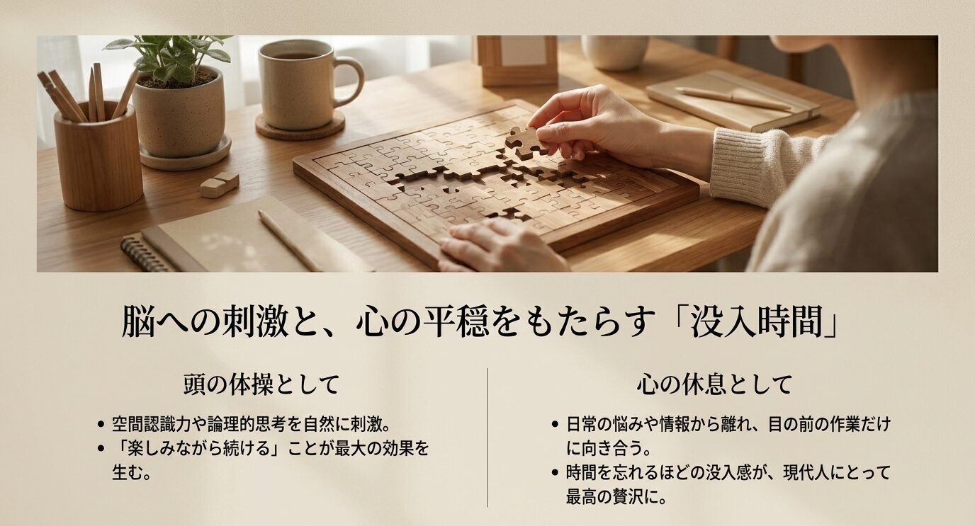 パズルの没入時間が空間認識や論理思考を刺激し、日常の悩みから離れる心の休息にもつながることを示したスライド