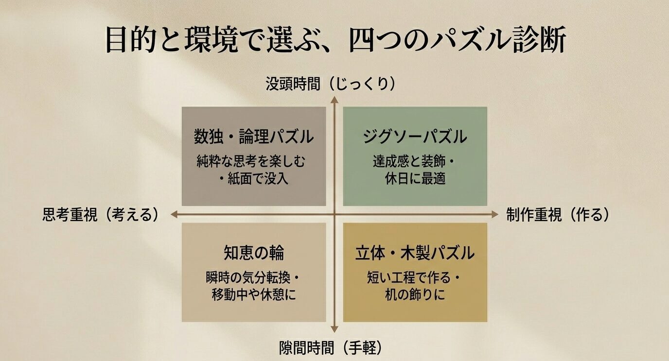 没頭時間、隙間時間、思考重視、制作重視の軸で、数独、ジグソーパズル、知恵の輪、立体・木製パズルを分類した診断スライド
