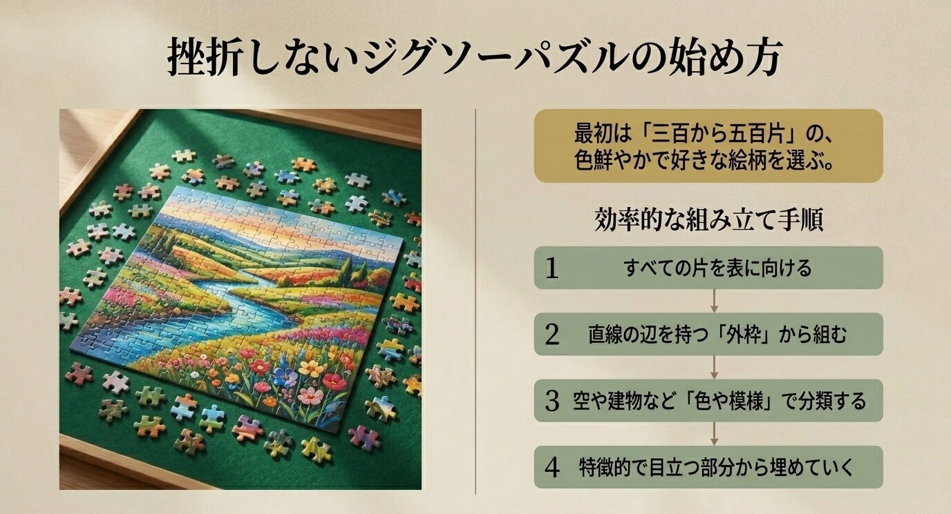 300〜500ピースの色鮮やかな絵柄を選び、表向きにする、外枠から組む、色や模様で分類する、特徴的な部分から埋める手順を示したスライド