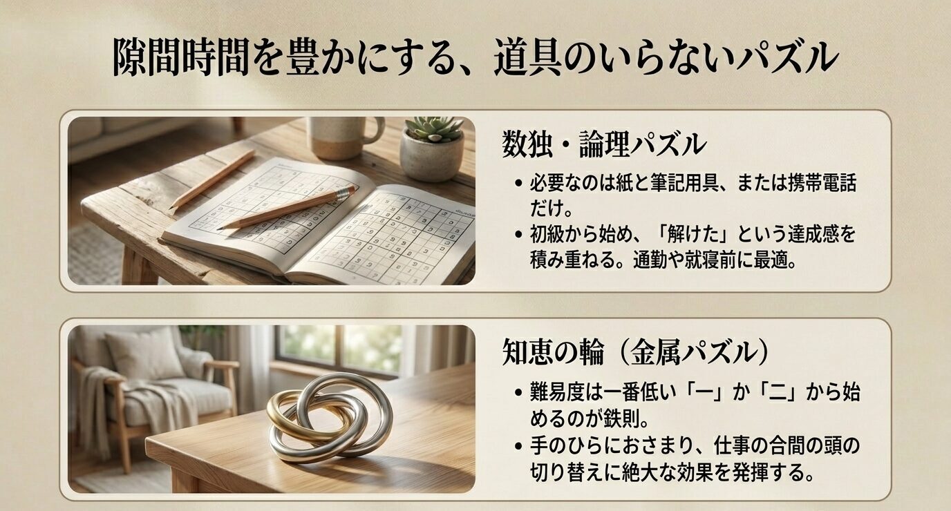 数独や論理パズルは紙と筆記用具やスマホだけで始められ、知恵の輪は低難度から手軽に楽しめることを説明したスライド