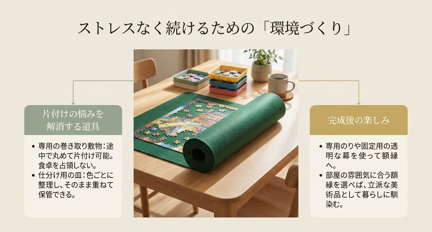 パズルマットや仕分け皿を使った途中保管と、完成後に額縁へ飾る楽しみを示した環境づくりのスライド