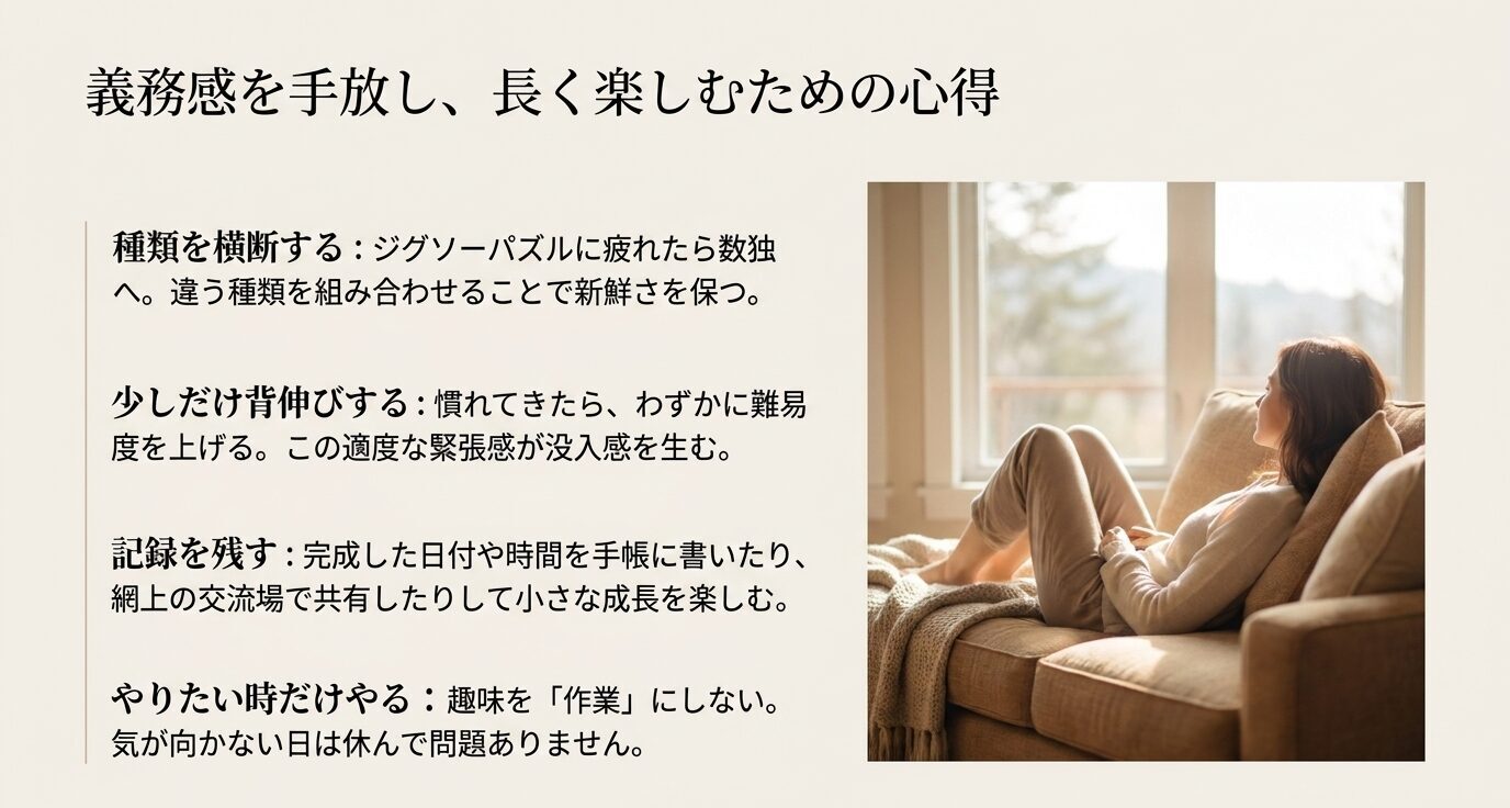 パズルを長く楽しむために、種類を横断する、少しだけ難易度を上げる、記録を残す、やりたい時だけやるという4つの心得を示したスライド