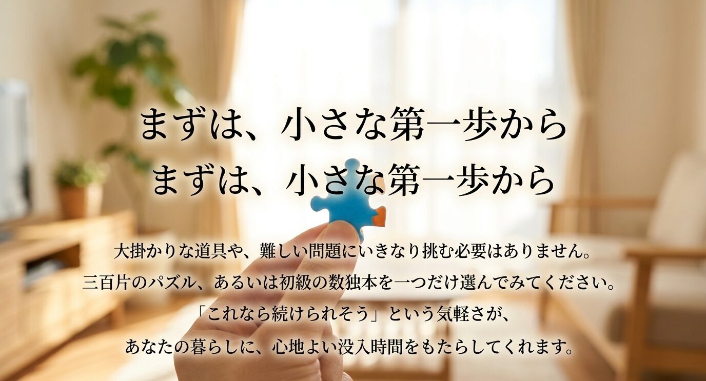 大掛かりな道具や難しい問題に挑む必要はなく、300ピースのパズルや初級の数独から気軽に始められることを伝えるスライド