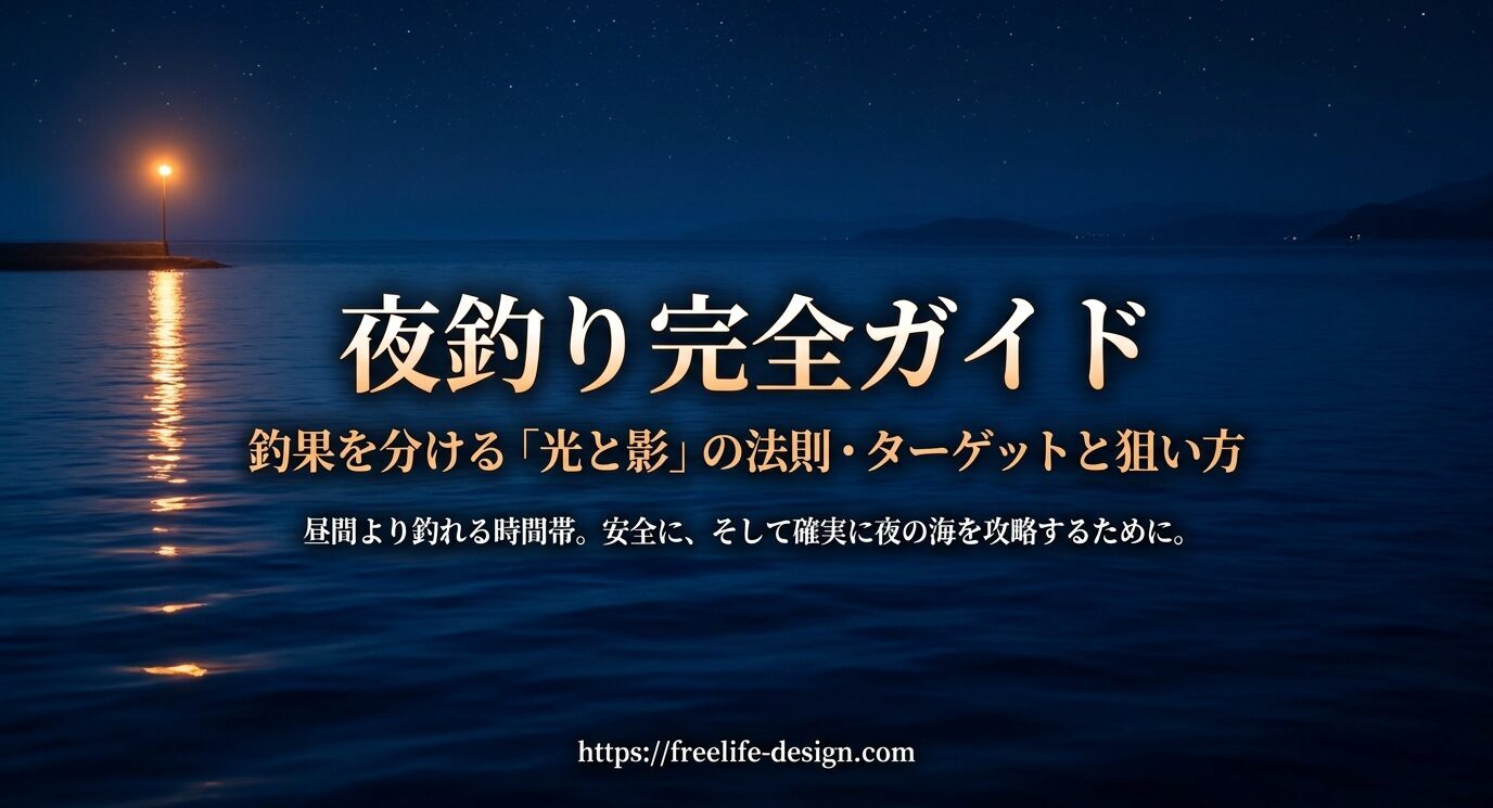 夜の海と常夜灯を背景に、夜釣りの基本やターゲット選びを紹介するタイトルスライド