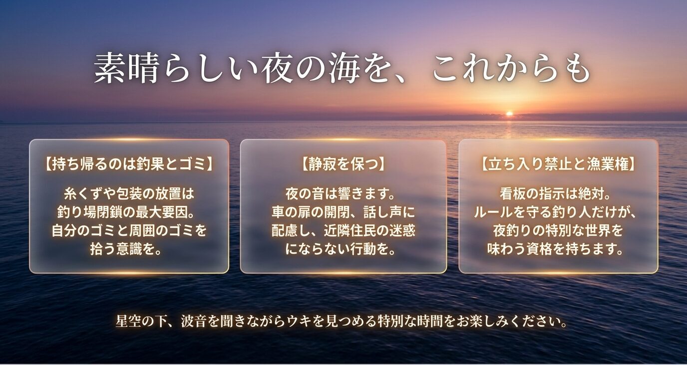 夜釣りでゴミを持ち帰り、静かに行動し、立入禁止や漁業権のルールを守る重要性をまとめたスライド