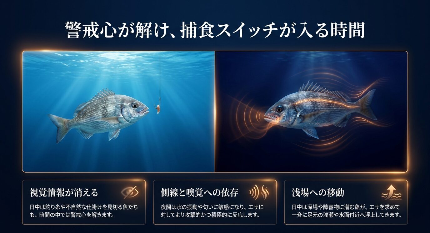 昼と夜で魚の警戒心や捕食行動が変わり、夜は側線や嗅覚を使って浅場へ移動する様子を示す図