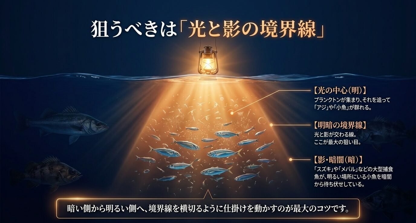 常夜灯の光に集まる小魚と、影側で待つ捕食魚の位置関係を示した明暗境界線の解説図