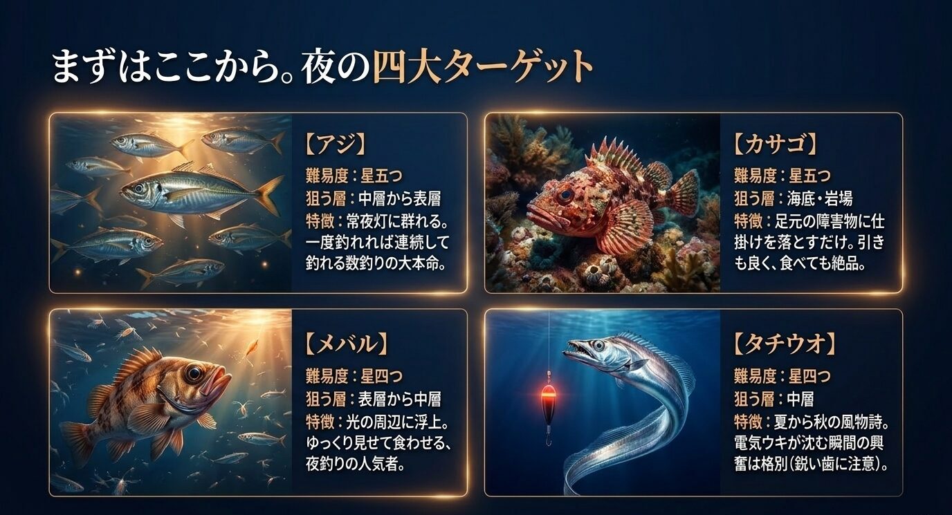 アジ、カサゴ、メバル、タチウオの難易度や狙う層、特徴をまとめた夜釣りターゲット一覧