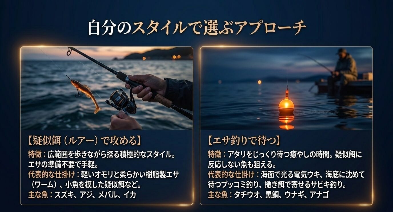夜釣りでのルアー釣りとエサ釣りの特徴、代表的な仕掛け、狙いやすい魚を比較したスライド
