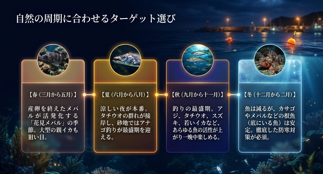 春はメバル、夏はタチウオやアナゴ、秋はアジやシーバス、冬はカサゴやメバルを狙う季節別ターゲット表