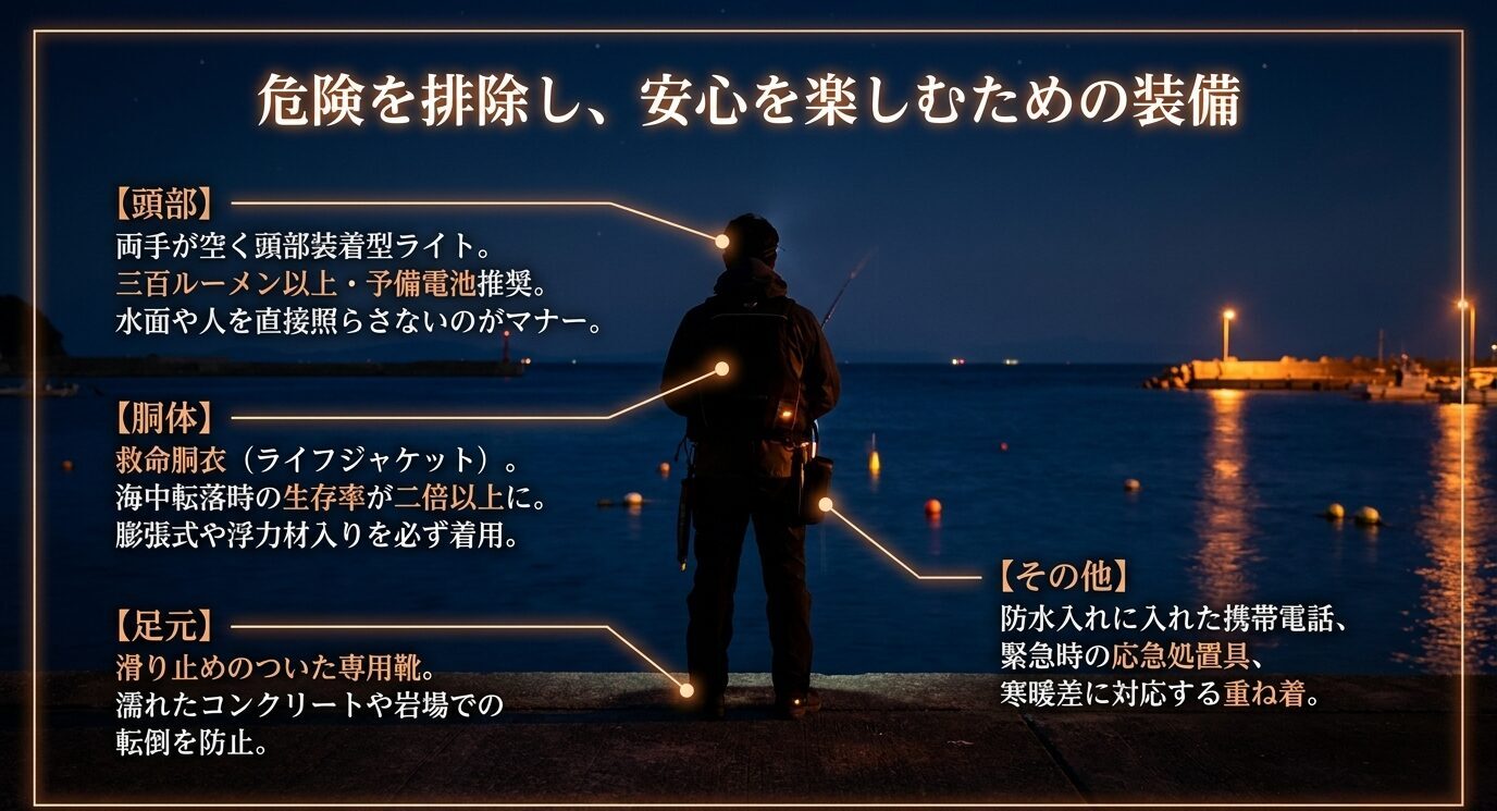 夜釣りで必要なヘッドライト、ライフジャケット、滑り止め靴、防水携帯、応急処置具などの安全装備を示す図
