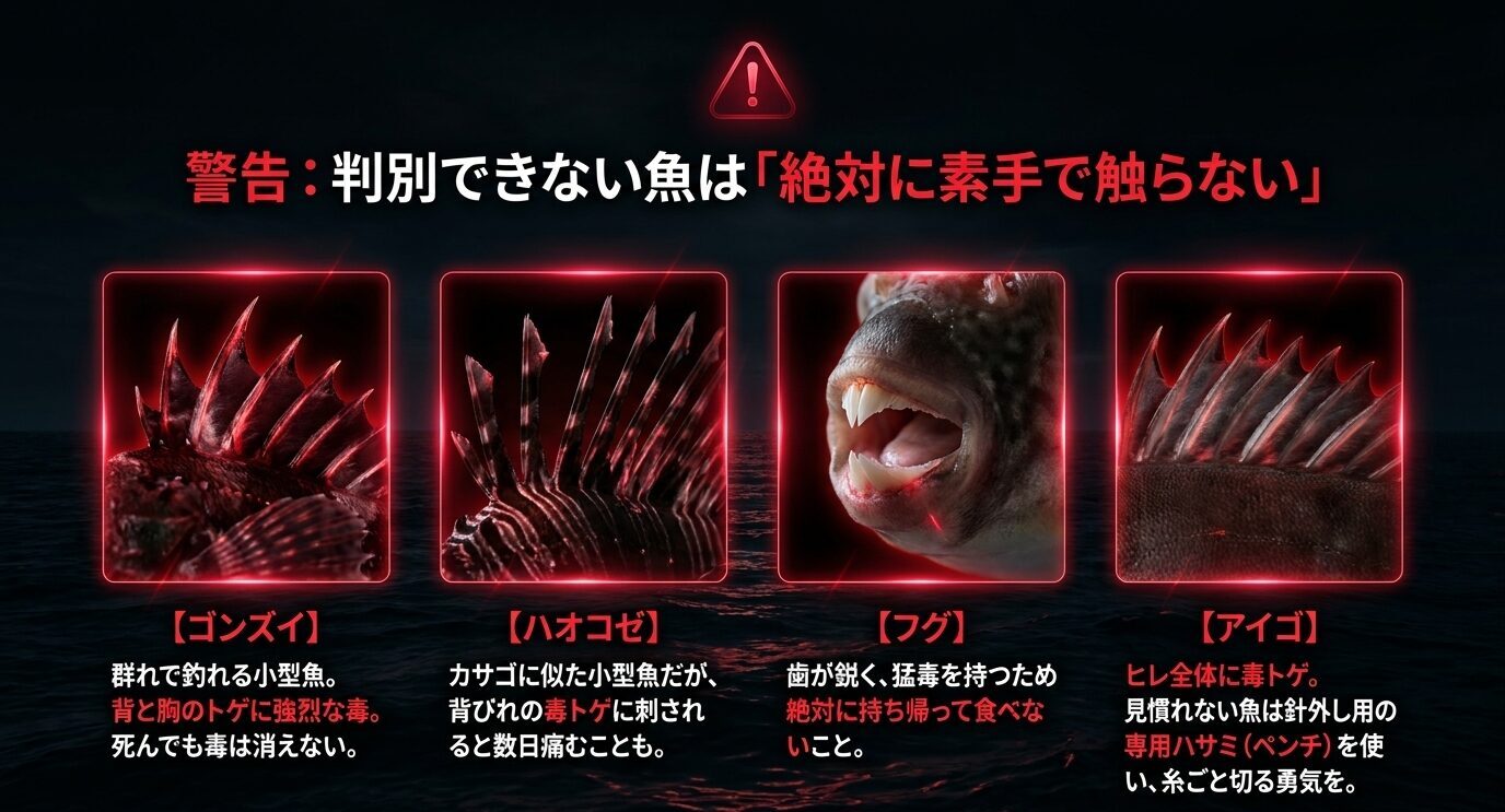 ゴンズイ、ハオコゼ、フグ、アイゴなど、夜釣りで素手で触ってはいけない危険魚をまとめた注意喚起スライド