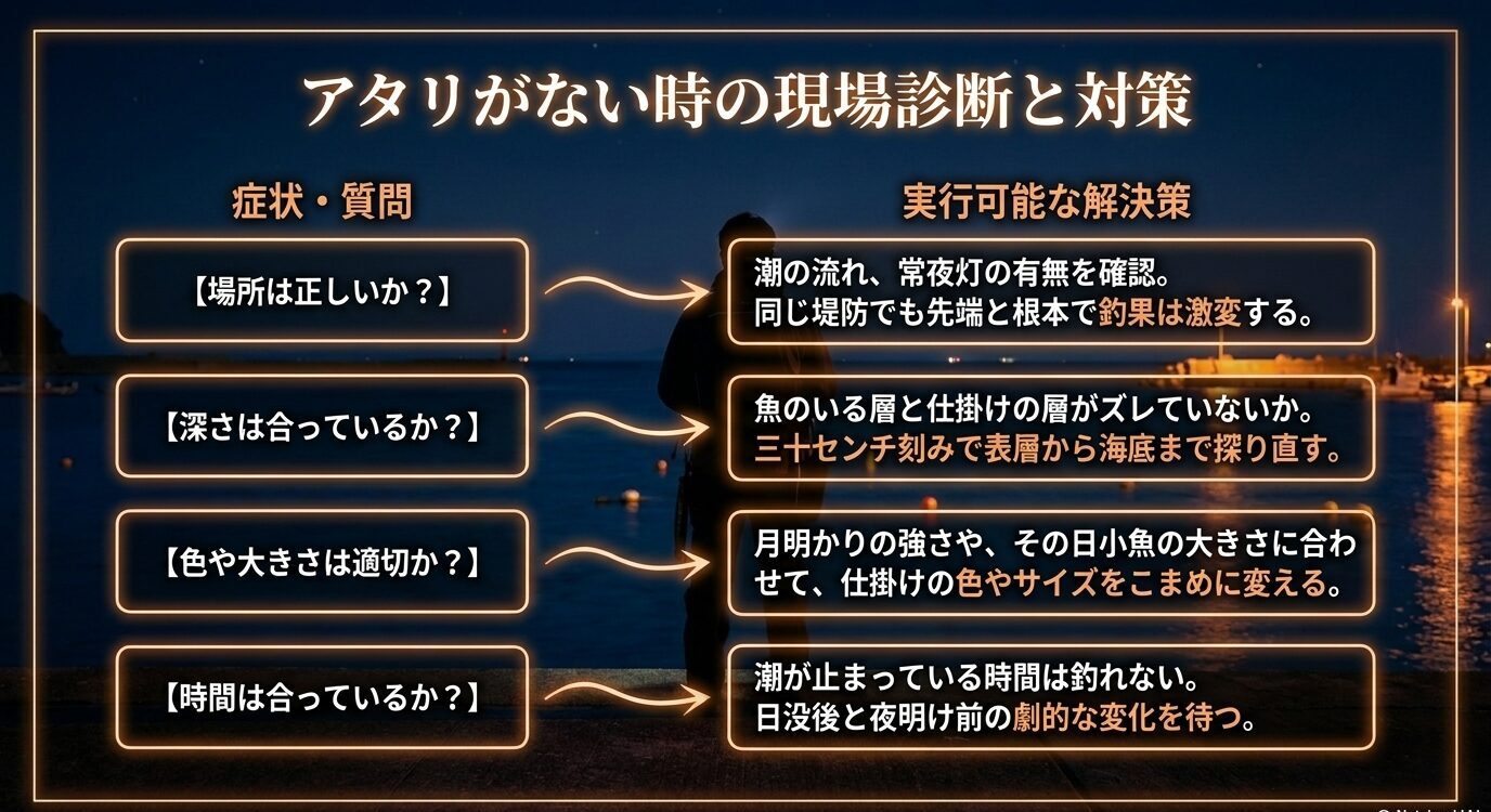 場所、深さ、色や大きさ、時間帯が合っているかを確認し、潮や常夜灯、タナ、仕掛けを見直す対策を示すスライド