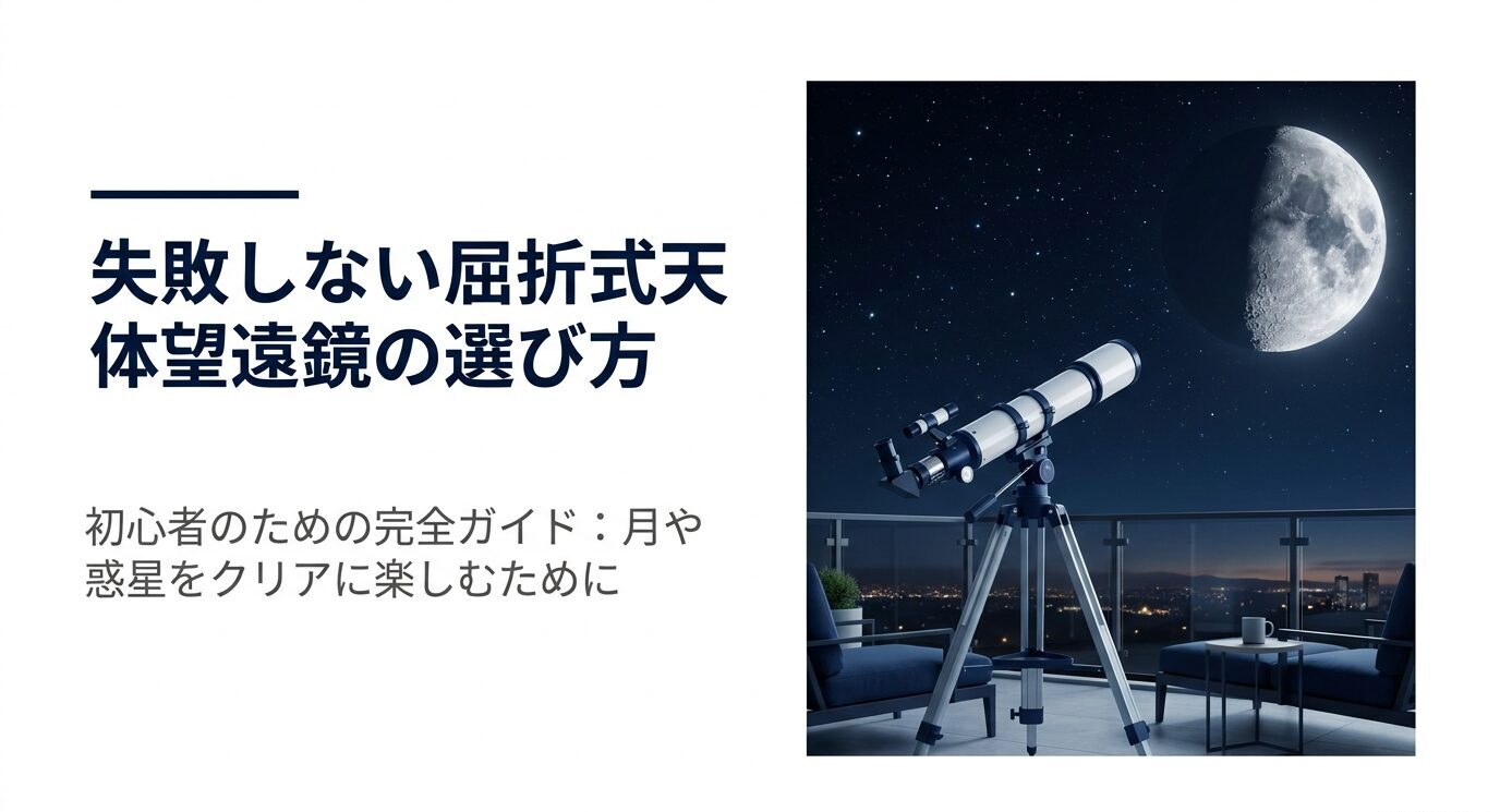 月夜のベランダに設置した屈折式望遠鏡と、初心者向け選び方ガイドの表紙スライド