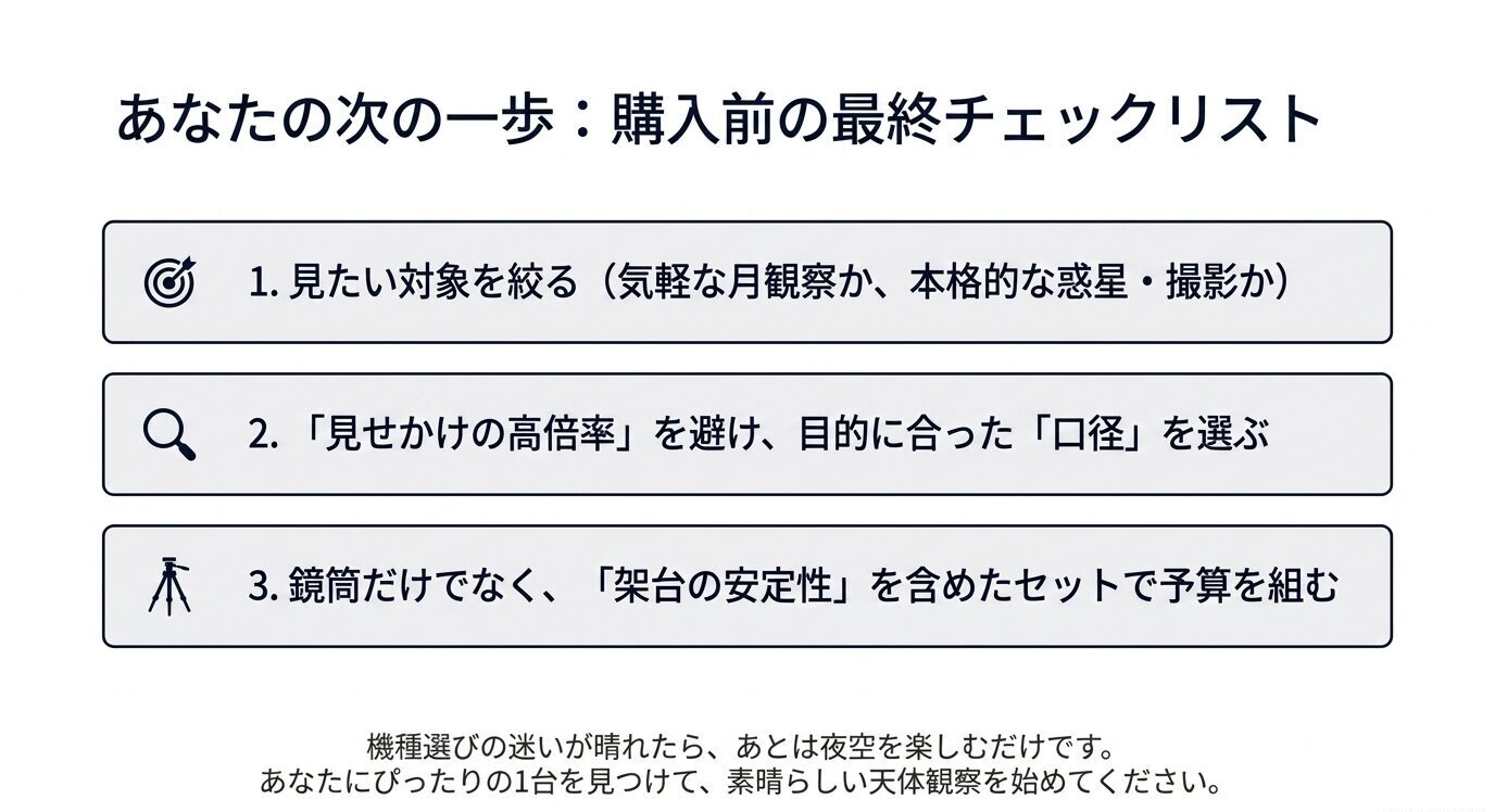 見たい対象、見せかけの高倍率、架台の安定性を購入前に確認するチェックリストのスライド
