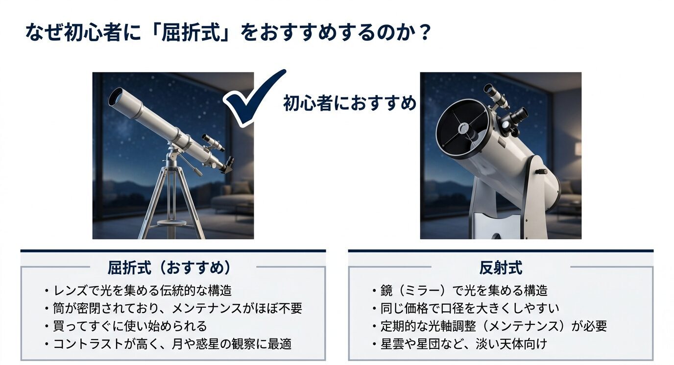 屈折式と反射式の特徴を比較し、屈折式が初心者向きである理由を示したスライド
