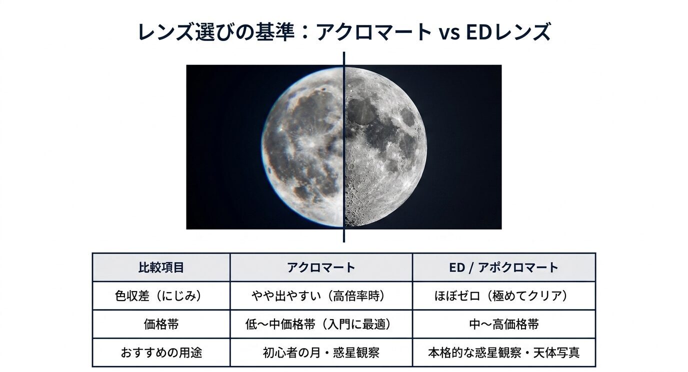 アクロマートとED・アポクロマートの色収差、価格帯、用途を比較したスライド