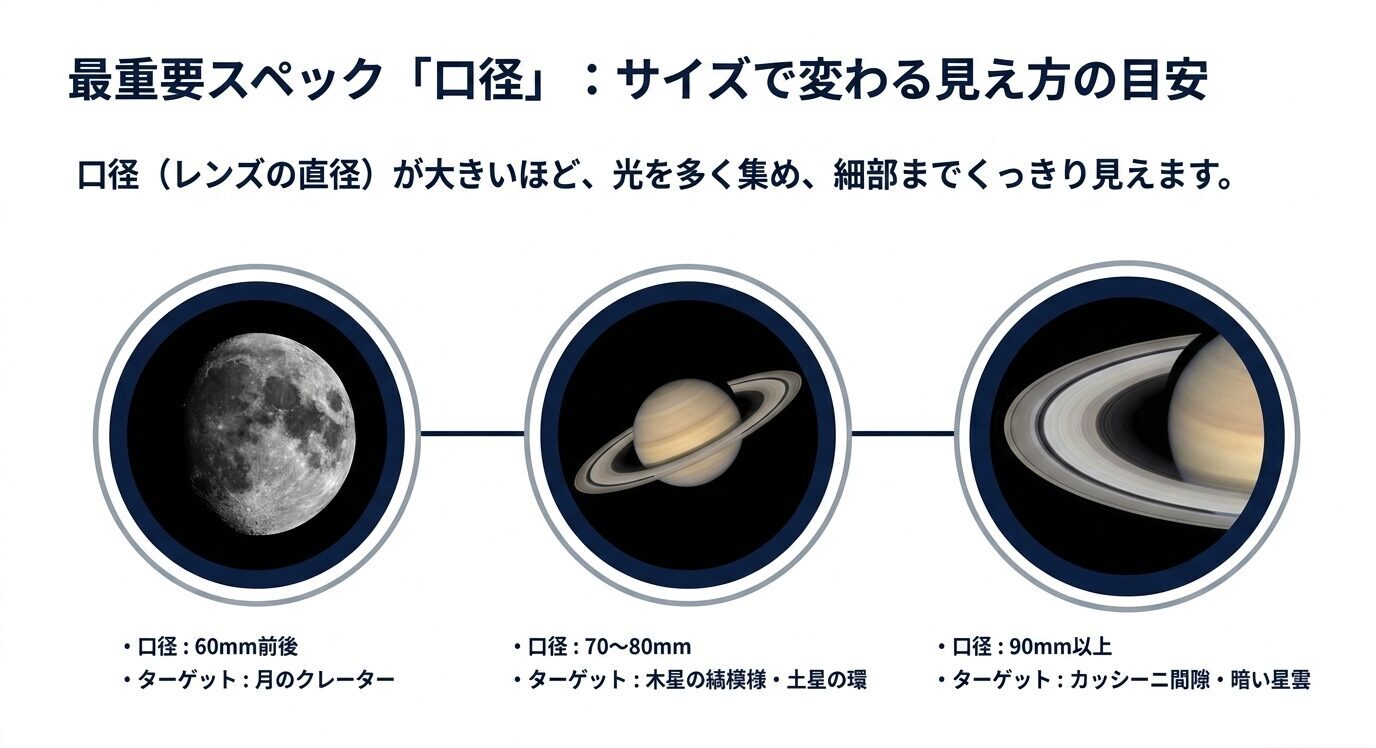 口径60mm、70〜80mm、90mm以上で見える対象の違いを月や土星の画像で示したスライド