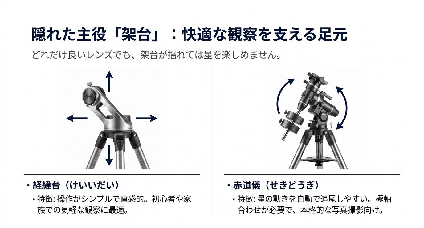 経緯台と赤道儀の動き方や用途の違いを比較し、架台の安定性の重要性を示したスライド