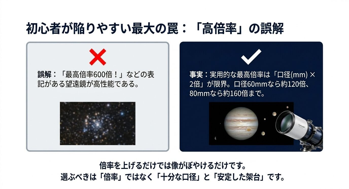 最高倍率600倍などの表記に惑わされず、口径と安定した架台を重視すべきことを示したスライド