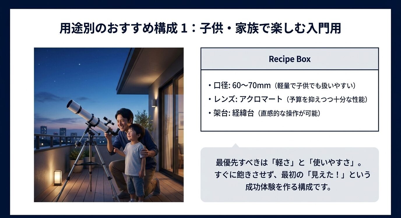 子供や家族で使う入門用望遠鏡として、口径60〜70mmのアクロマートと経緯台をすすめるスライド