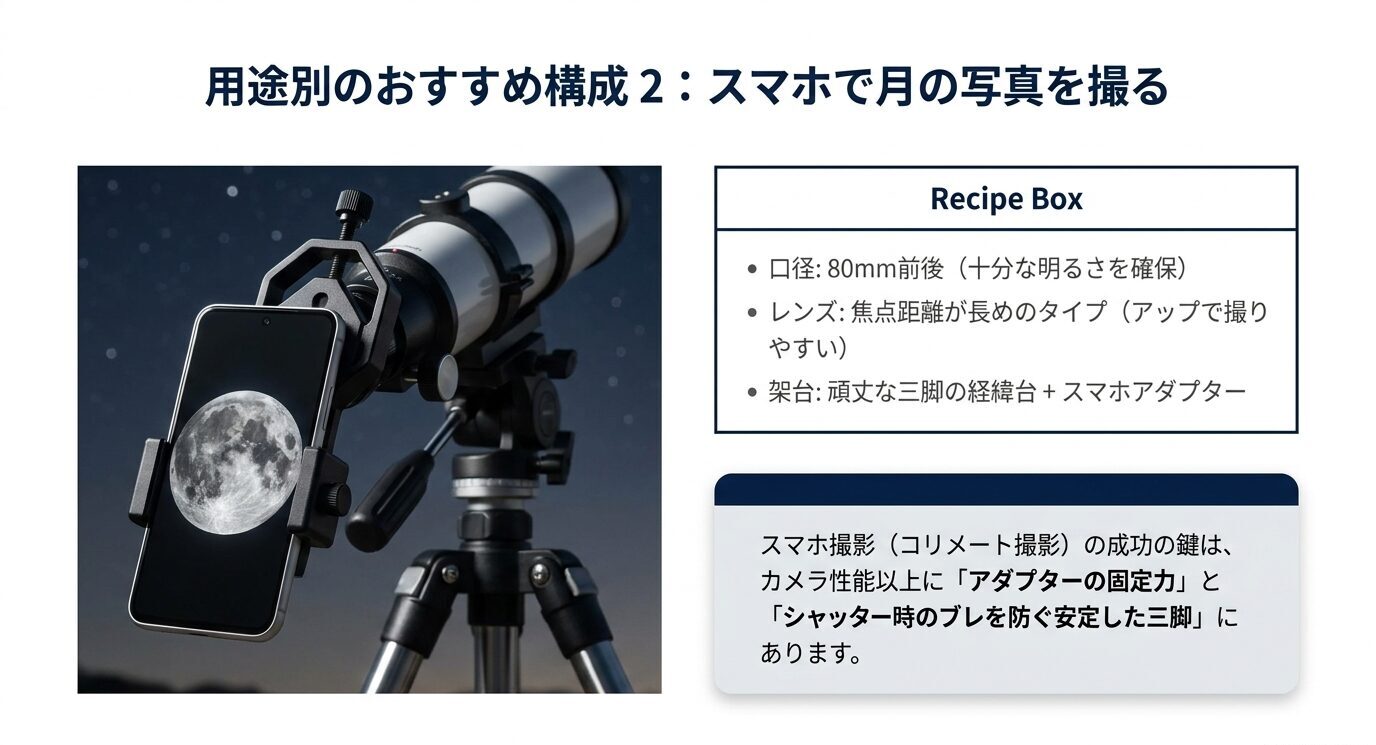 スマホアダプターを使った月撮影向けに、口径80mm前後の屈折式と安定した三脚の重要性を示したスライド