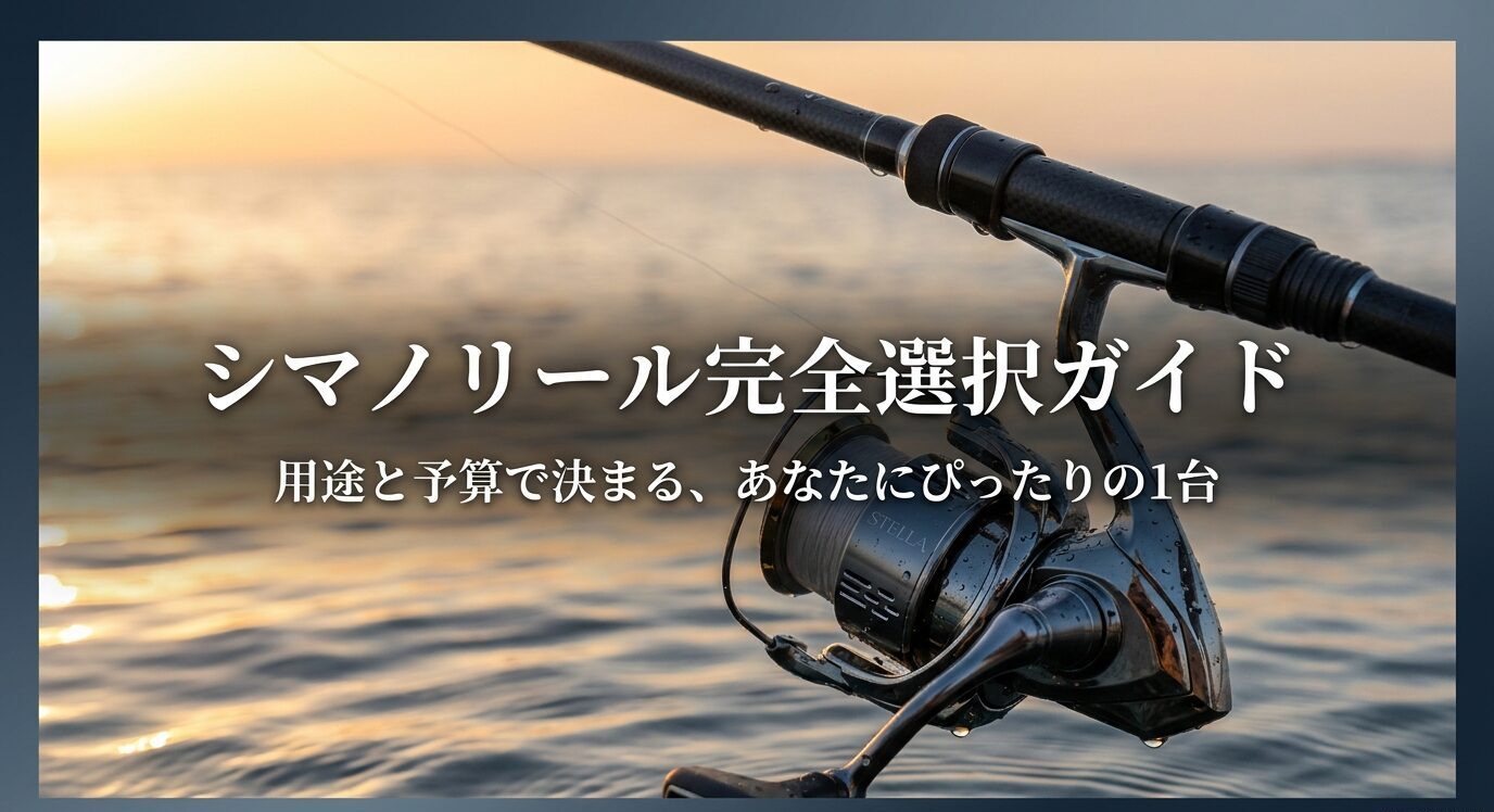海辺のリール写真を背景に、シマノリールの選び方を用途と予算で整理することを示したスライド