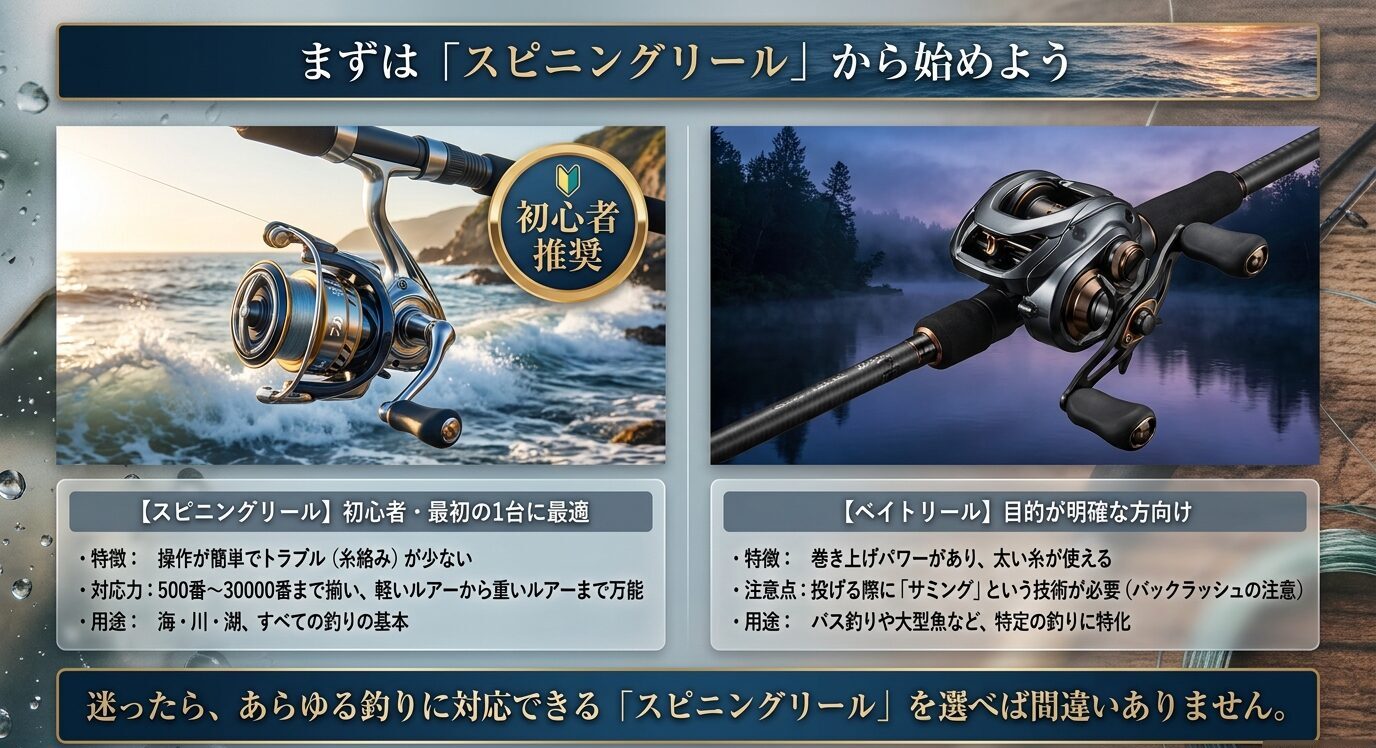 初心者向けのスピニングリールと目的が明確な方向けのベイトリールの特徴を比較したスライド