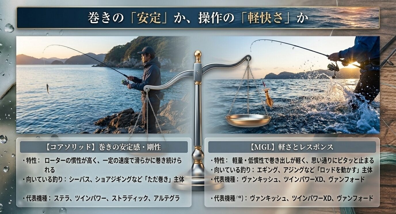 コアソリッドは巻きの安定感、MGLは軽さとレスポンスを重視することを比較したスライド