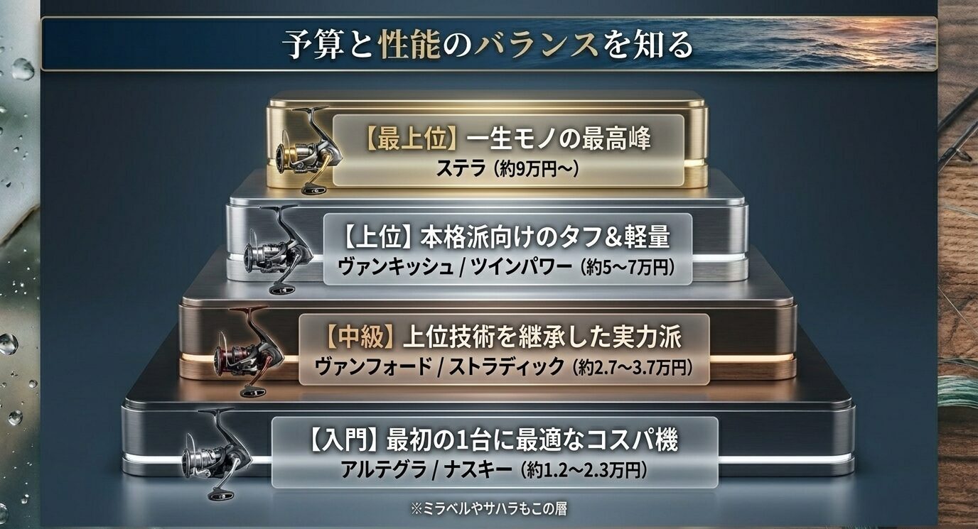 ステラを最上位、ヴァンキッシュやツインパワーを上位、ヴァンフォードやストラディックを中級、アルテグラやナスキーを入門として整理したスライド