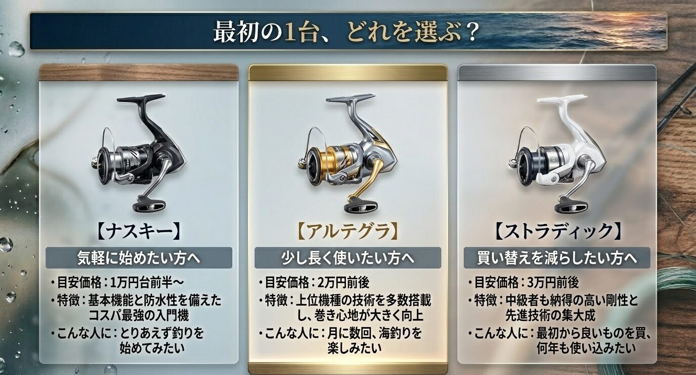 ナスキー、アルテグラ、ストラディックを価格帯とおすすめユーザー別に比較したスライド