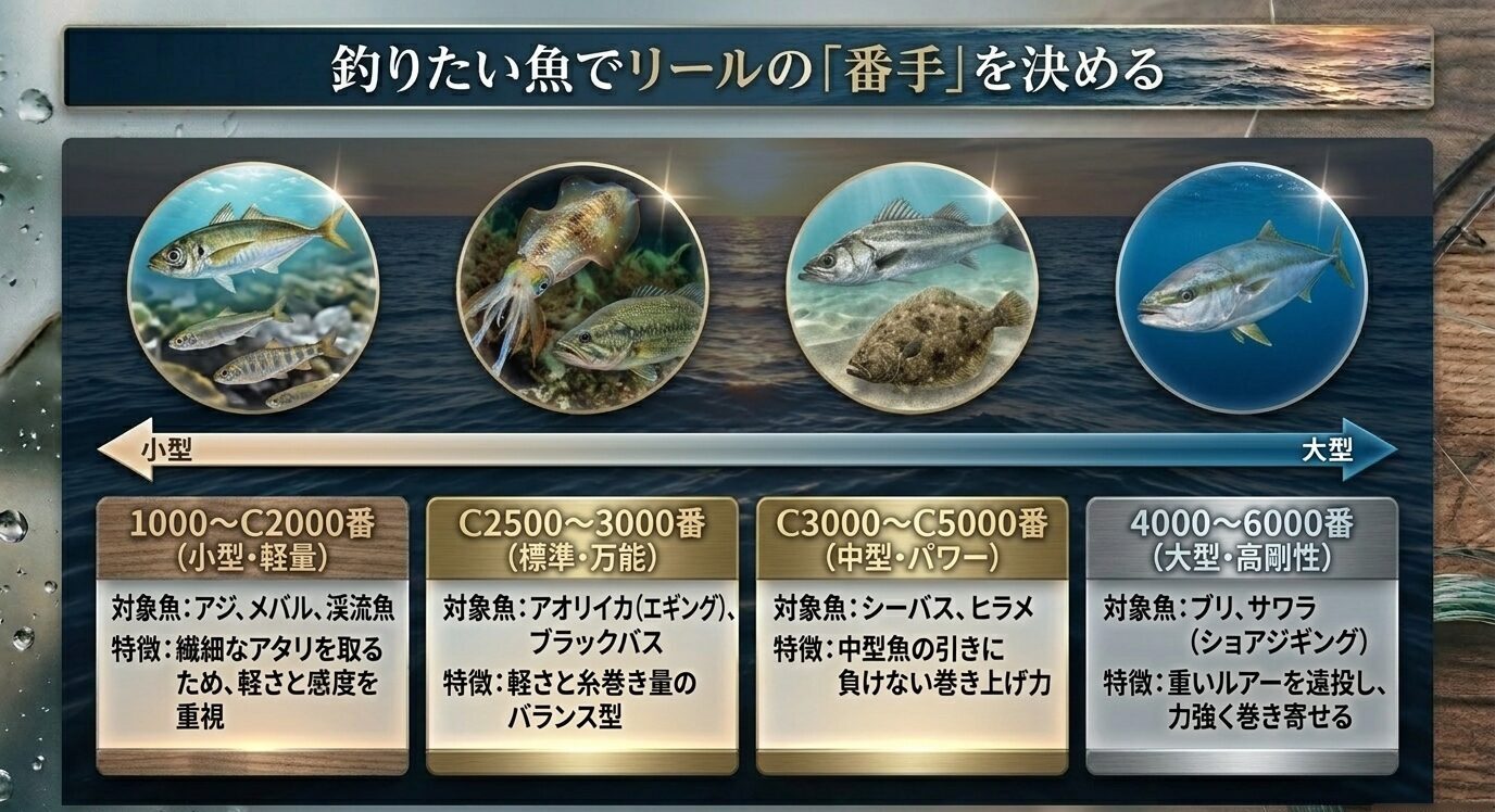 アジングやメバリングは1000〜C2000番、エギングはC2500〜3000番、シーバスやヒラメはC3000〜C5000番、青物は4000〜6000番を目安に示したスライド