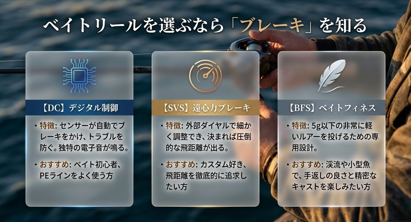 DCはデジタル制御、SVSは遠心力ブレーキ、BFSは軽量ルアー向けのベイトフィネスとして特徴を比較したスライド