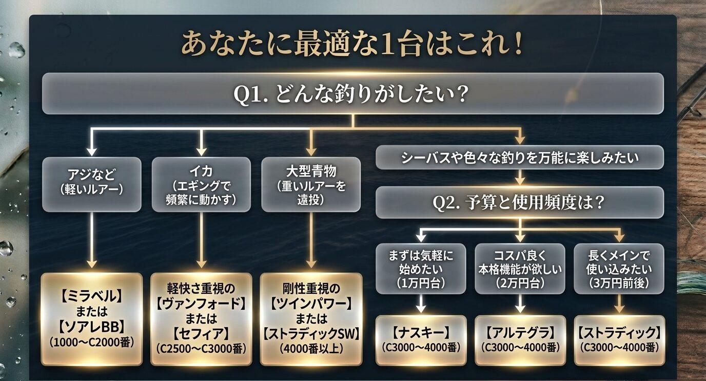 釣りたい魚や予算、使用頻度に応じてミラベル、ソアレBB、ヴァンフォード、ツインパワー、ナスキー、アルテグラ、ストラディックを選び分けるフローチャート