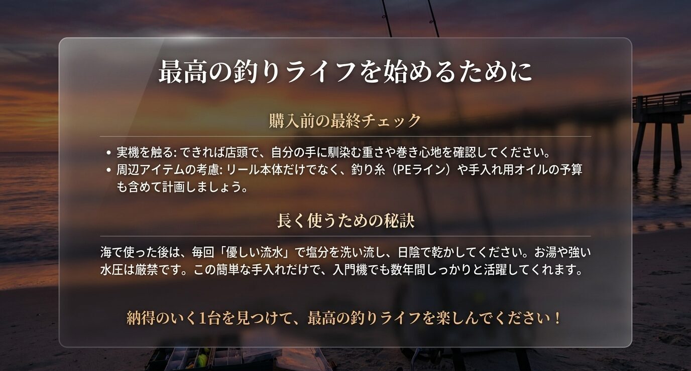 リール購入前に実機の重さや巻き心地、周辺アイテムを確認し、使用後は流水で洗って乾かすことを案内したスライド