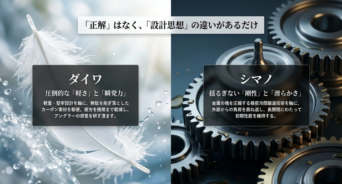 ダイワは軽さと瞬発力、シマノは剛性と滑らかさを重視するという設計思想の違いを比較したスライド