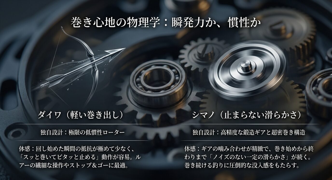ダイワの軽い巻き出しとシマノの滑らかな巻き心地を比較したスライド