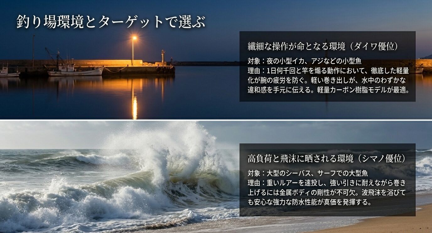 小型魚やライトゲームではダイワ、大型魚やサーフではシマノが向くことを釣り場環境別に示したスライド