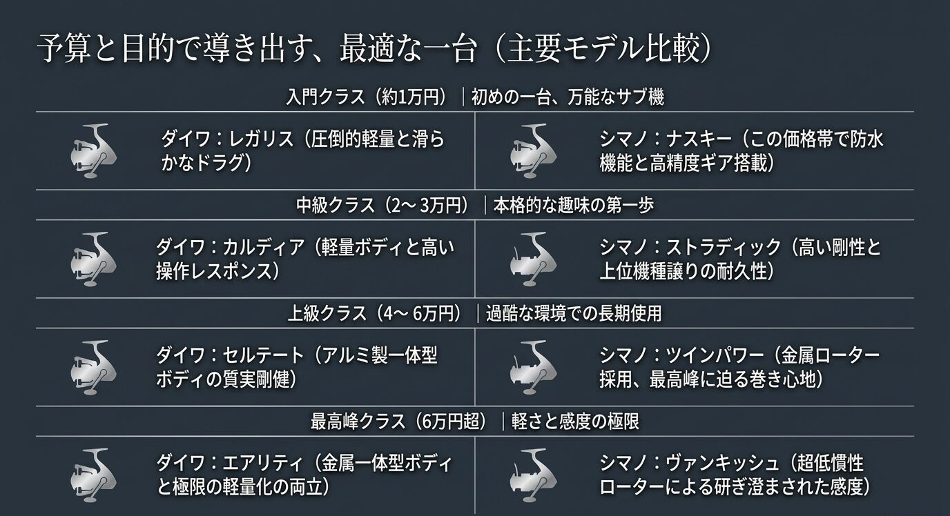 入門クラスから最高峰クラスまで、シマノとダイワの主要スピニングリールを価格帯別に比較したスライド