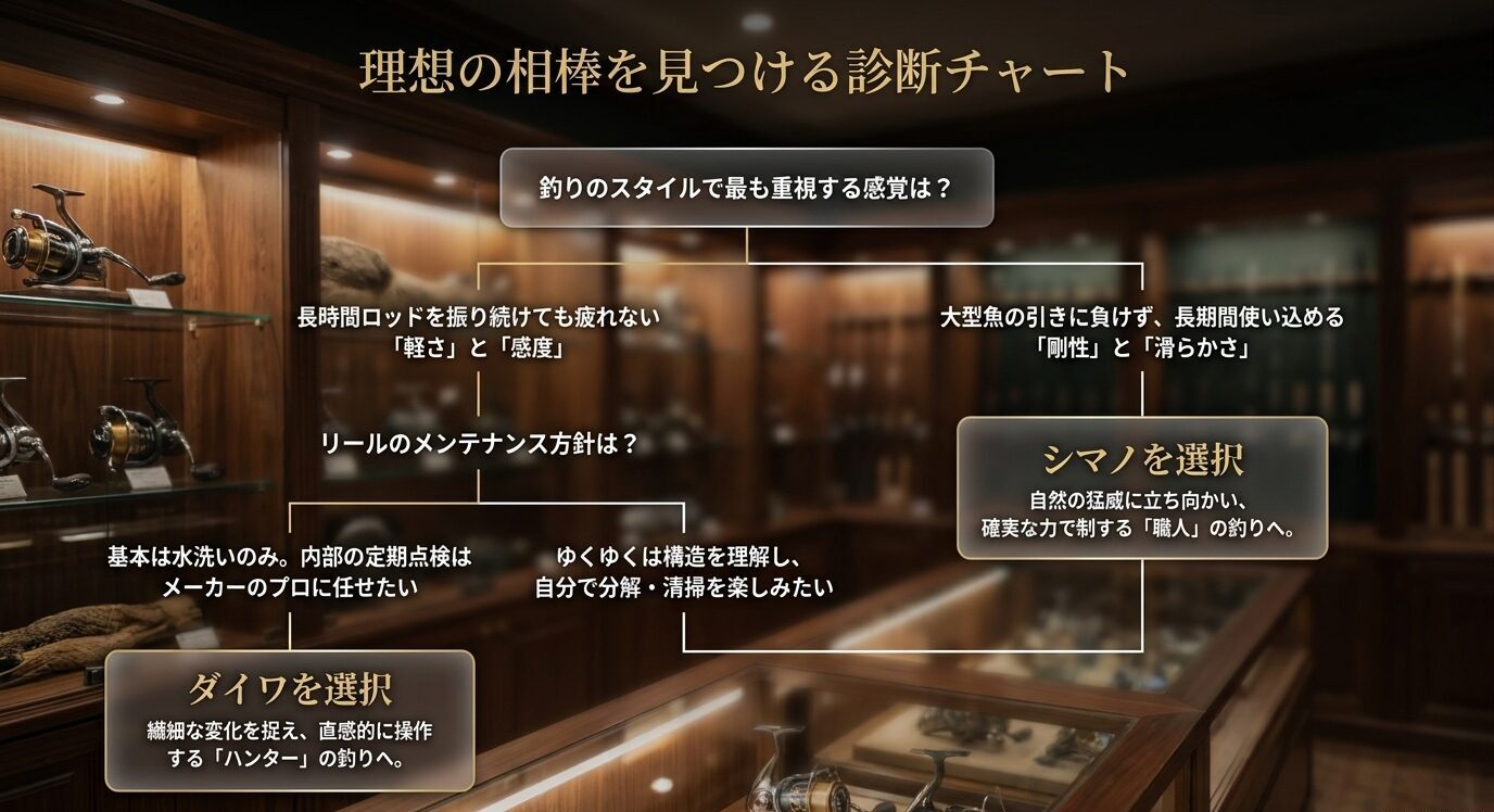 釣りのスタイルやメンテナンス方針から、シマノとダイワのどちらが向いているかを判断する診断チャート