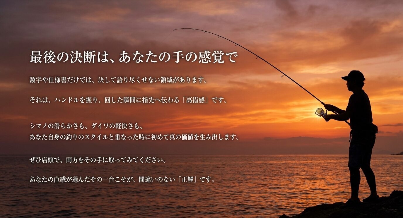 夕暮れの海で釣りをする人物と、スピニングリール選びは最後に手の感覚で決めることを伝えるスライド
